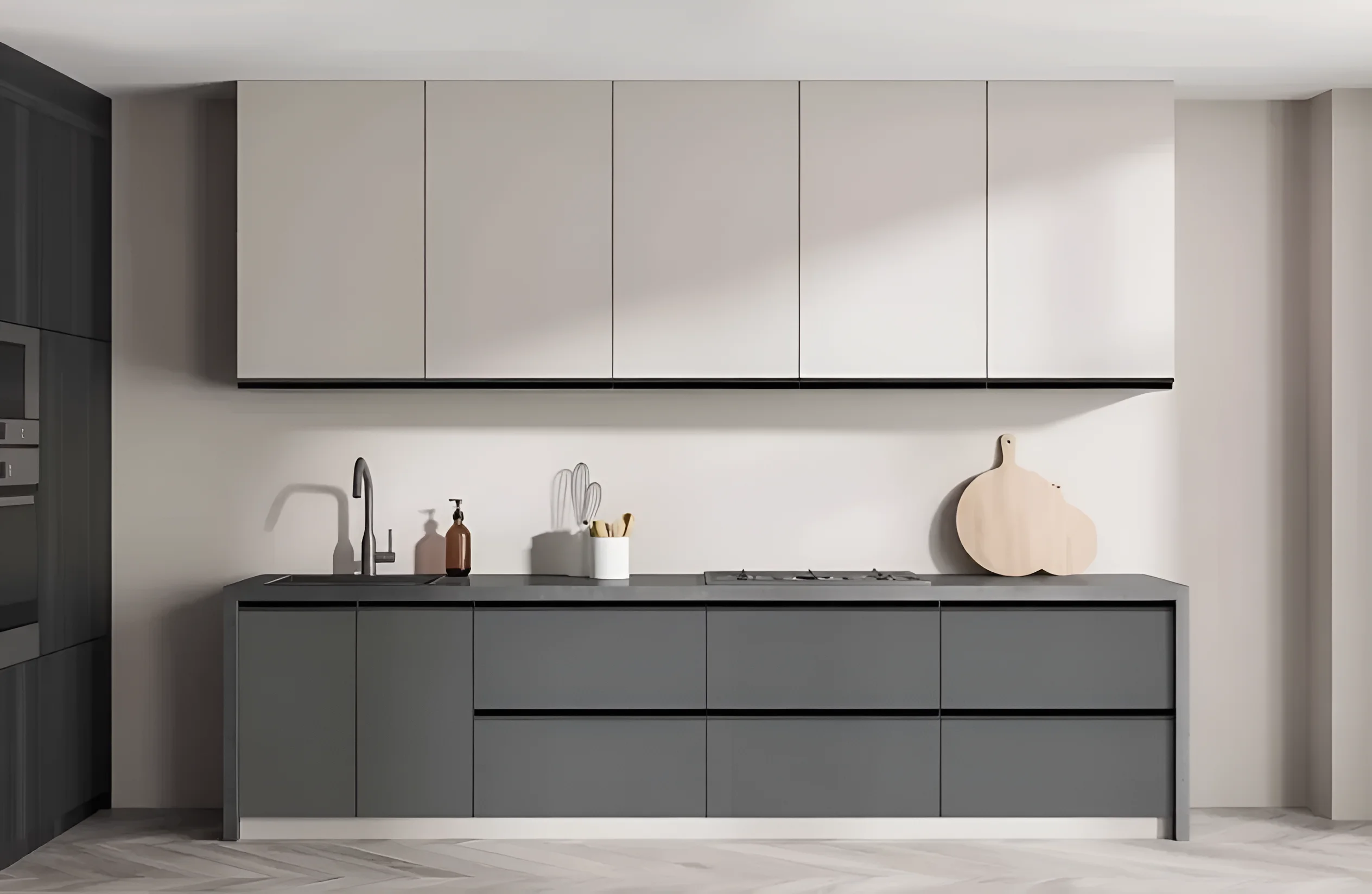 Современная угловая кухня "Тренд" 3х2 метра в графитовом и дуб сонома цветах с подвесными шкафами, интегрированной мойкой и варочной панелью.