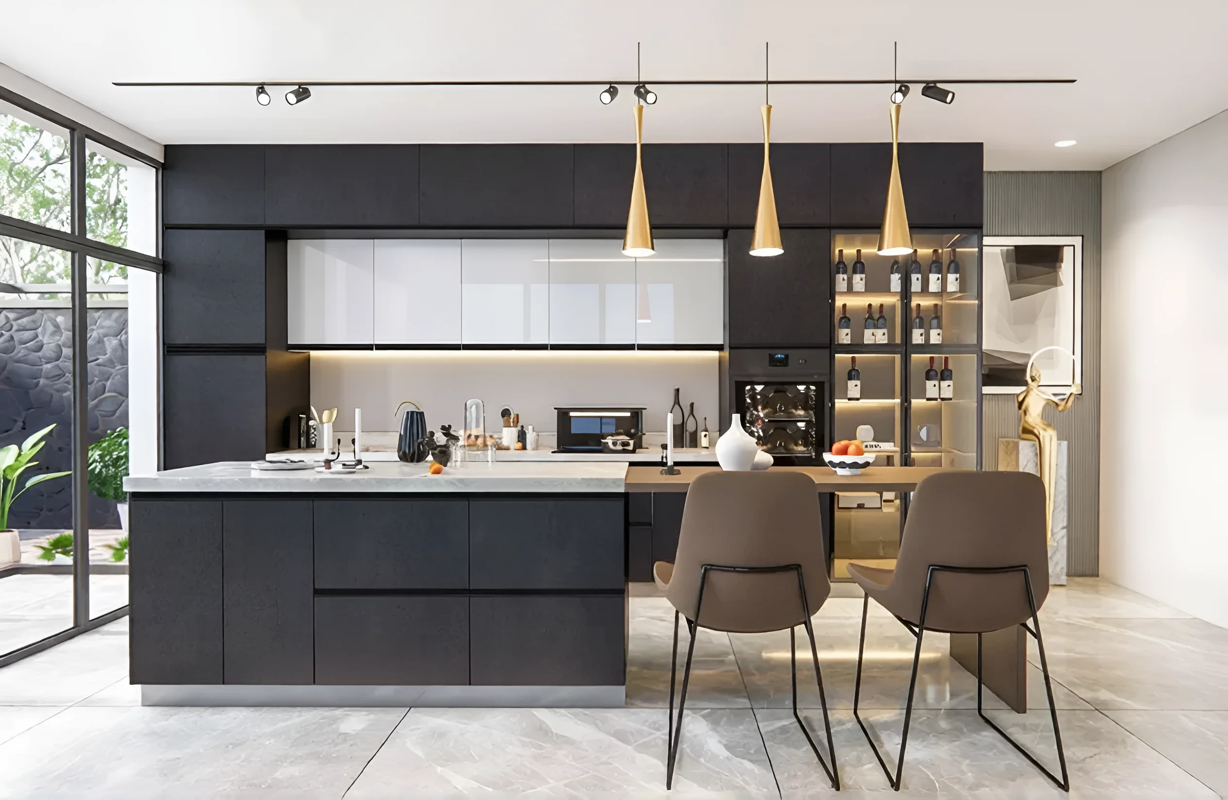 Современная угловая кухня 'Тренд' 3x2 метра в цвете Графит и Дуб Сонома с островом, встроенной техникой и стильными светильниками.