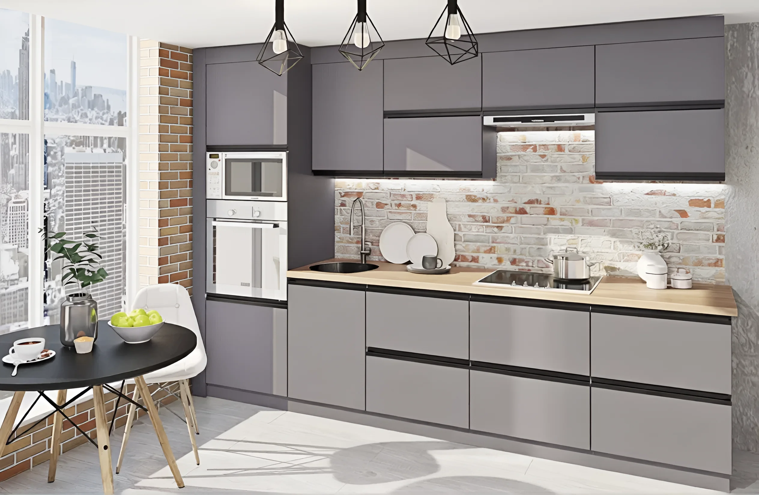 Современная угловая кухня 3х2 метра "Тренд" в оттенках Графит и Дуб Сонома, с кирпичной стеной и видом на город.