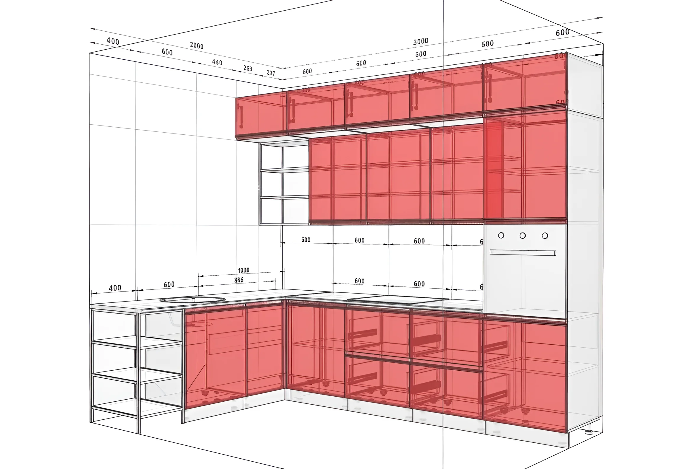 Чертеж угловой кухни "Тренд" 3х2 метра в цветах Графит и Дуб Сонома, демонстрирующий расположение шкафов и ящиков.