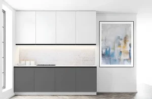 Современная кухня 'Тренд' 3.6м в белом и темно-графитовом цвете с кухонным островом, демонстрирующая стильный дизайн и функциональность.