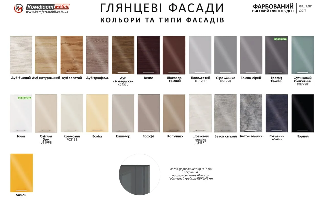 Образцы глянцевых фасадов для кухни: Дубы, Венге, Шоколад, Белый, Крем, Ваниль, Шерстяной, Графит, Черный и другие цвета.