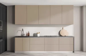 Современная маленькая кухня "Хай-тек" 2.0 метра в нежном капучино цвете с минималистичными фасадами и встроенной техникой.