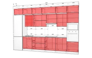 Проект матовой кухни 'Хай-тек' длиной 3600 мм в бело-бордовом цвете, с выделенными красным цветом фасадами шкафов и ящиков.