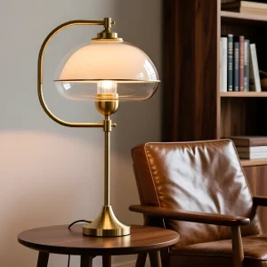 Элегантный настольный светильник с изогнутой латунной аркой и стеклянным куполом на фоне кожаного кресла