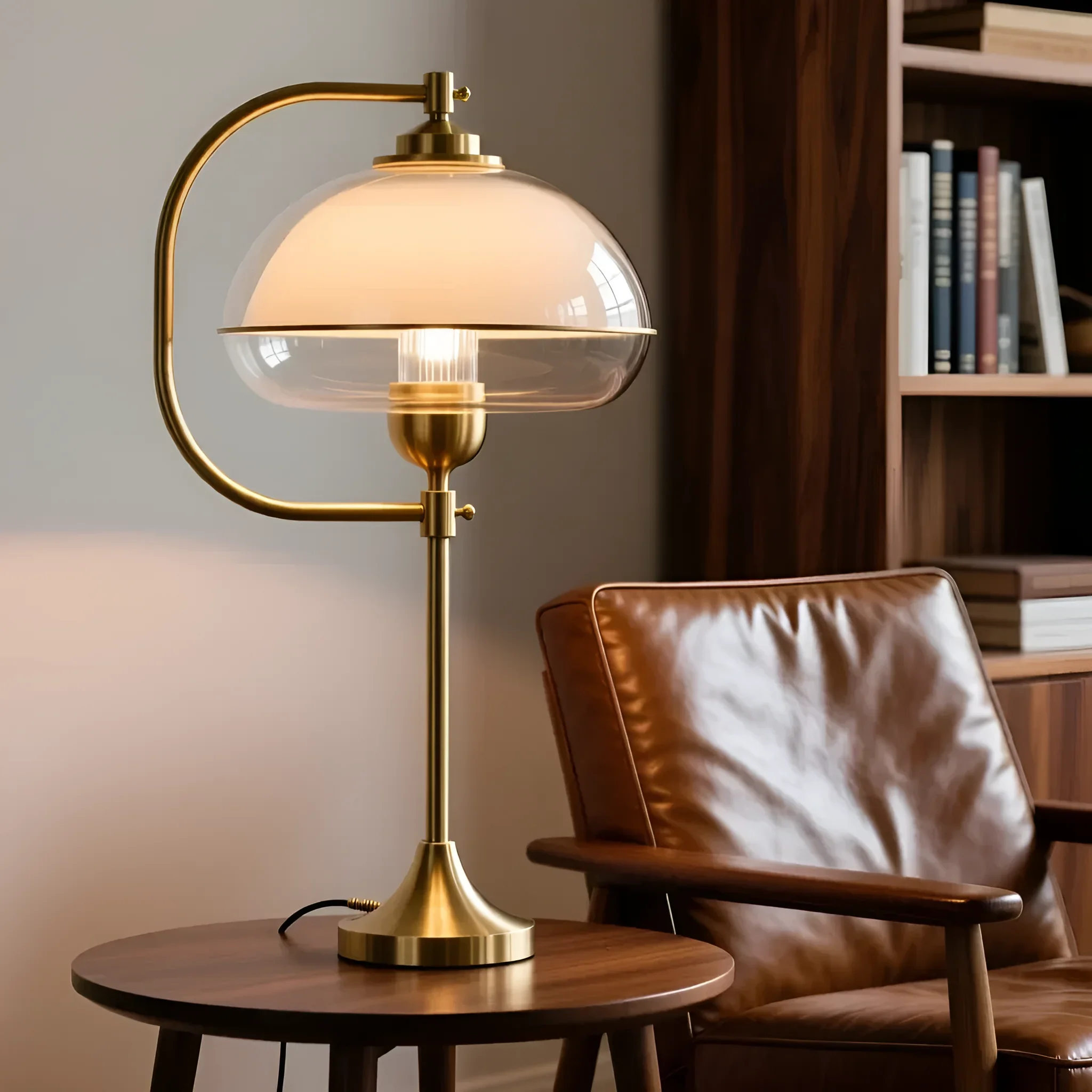 Elegante Schreibtischlampe mit gebogenem Messingbogen und Glaskuppel vor einem Ledersessel