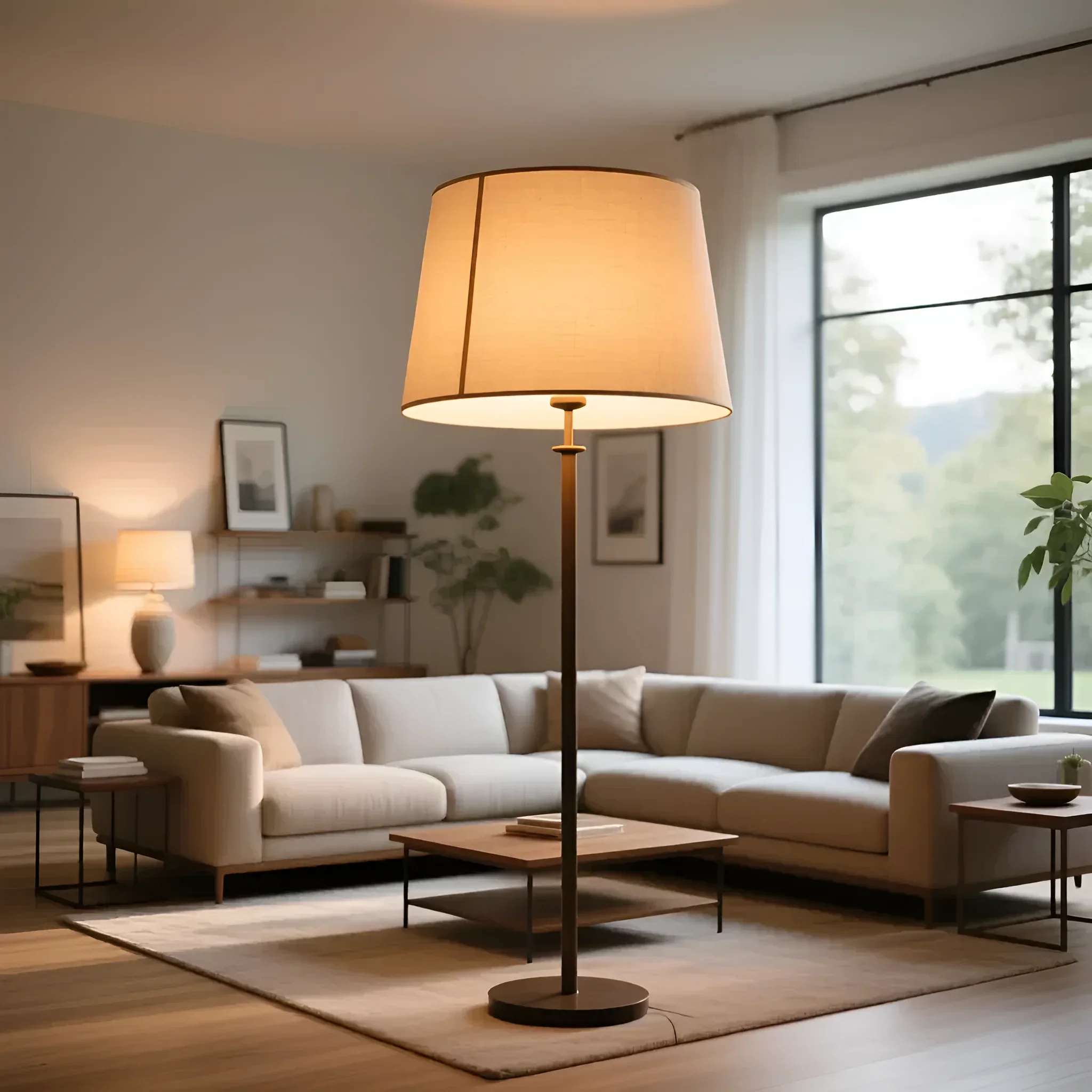 Hohe Stehleuchte mit breitem beigem Schirm, die weiches warmes Licht in einem modernen Wohnzimmer mit Ecksofa erzeugt.