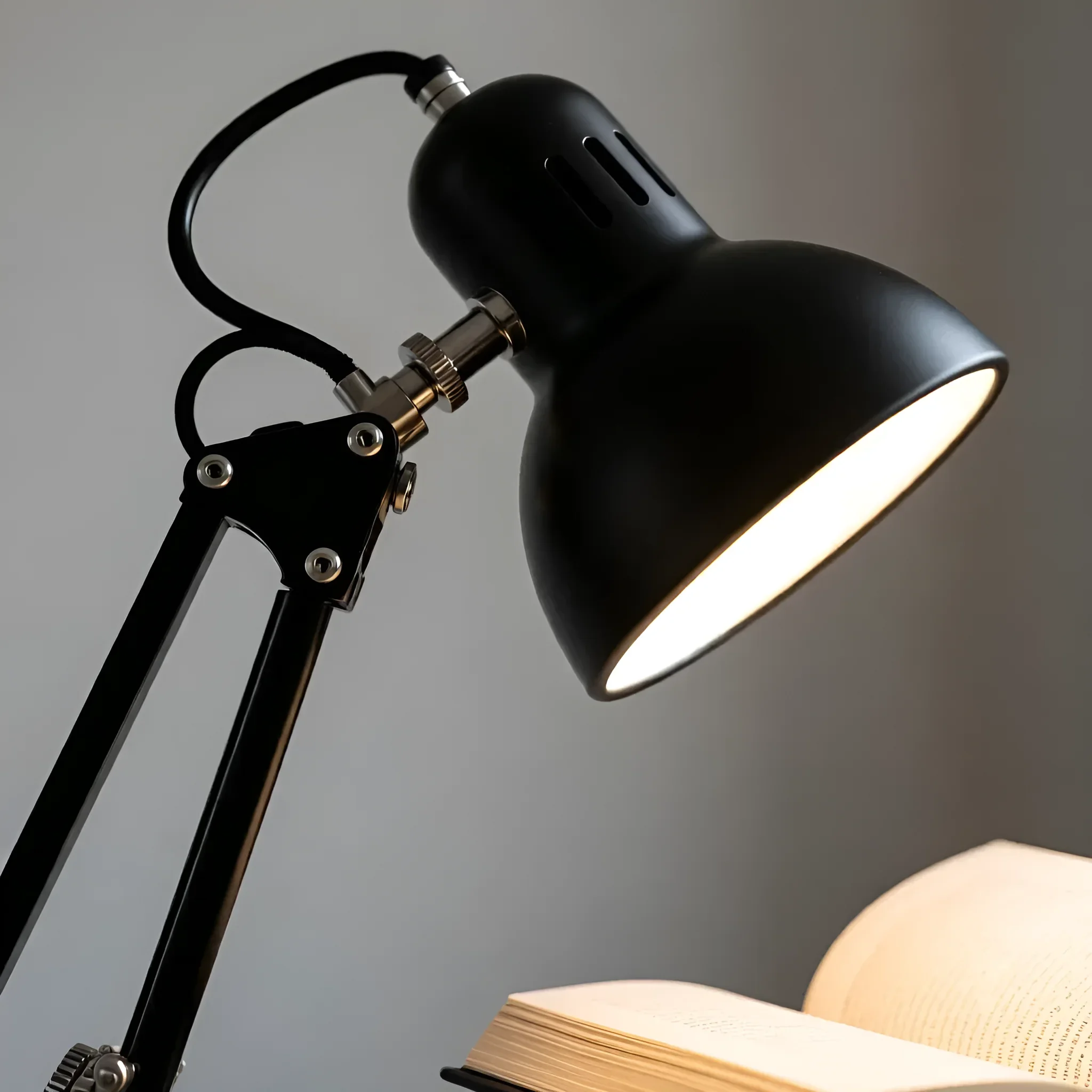 Nahaufnahme einer schwarzen Schreibtischlampe mit Gelenkmechanismus, die die Seiten eines geöffneten Buches beleuchtet