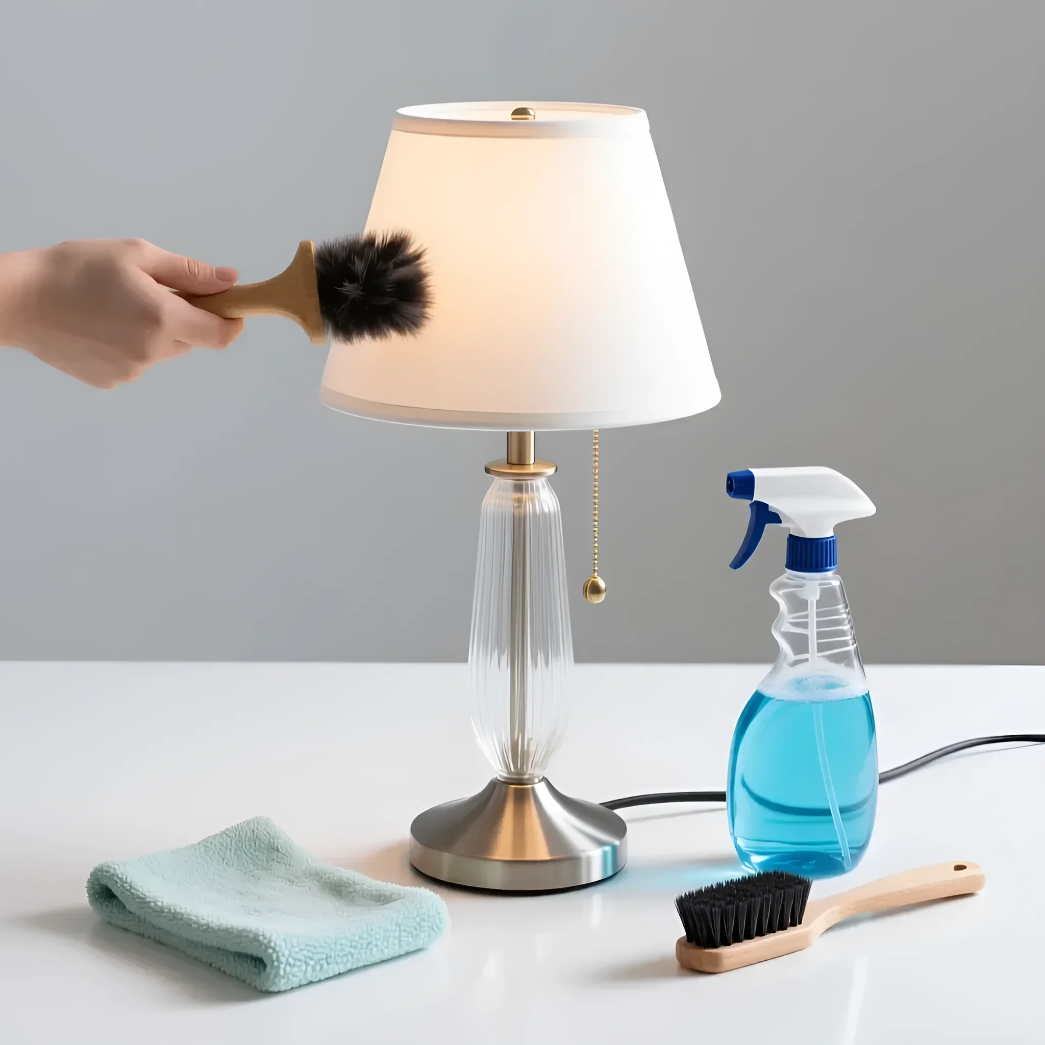 Klassische Tischlampe mit Kristallfuß und Stoffschirm bei der Reinigung