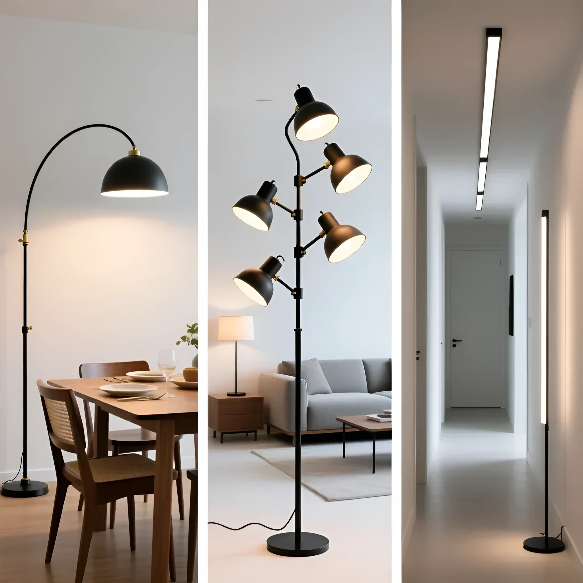 Sammlung moderner schwarzer Stehleuchten: Bogenlampe über einem Tisch, mehrarmige Leuchte im Wohnzimmer und minimalistisches vertikales Licht im Flur.