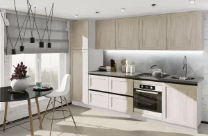 Прямая кухня 3м с фасадами "Престиж" Дуб беленый, системой Gola ручек, современным дизайном и обеденной зоной.
