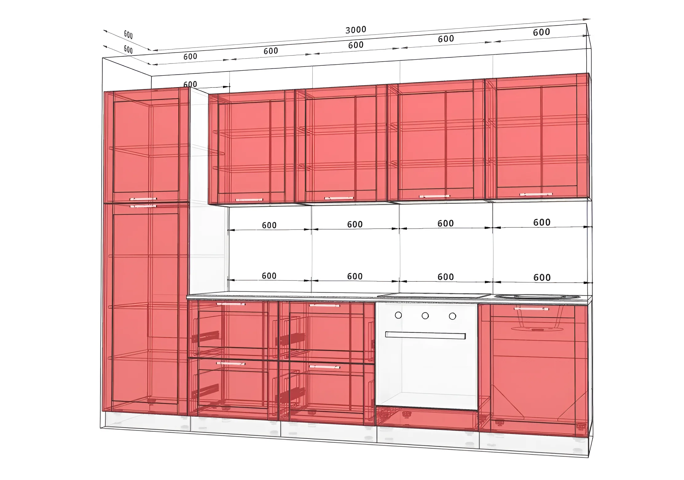 Чертеж прямой кухни "Gola ручка" 3 метра с фасадами "Престиж" цвета Дуб беленый, включая верхние и нижние модули.