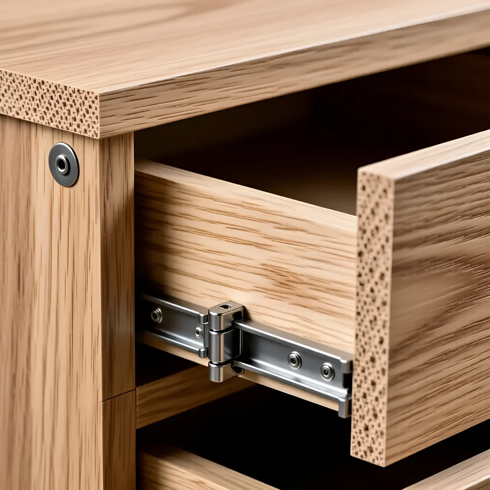 Nahaufnahme einer Schublade mit heller Eichenstruktur und offenen Metallführungen