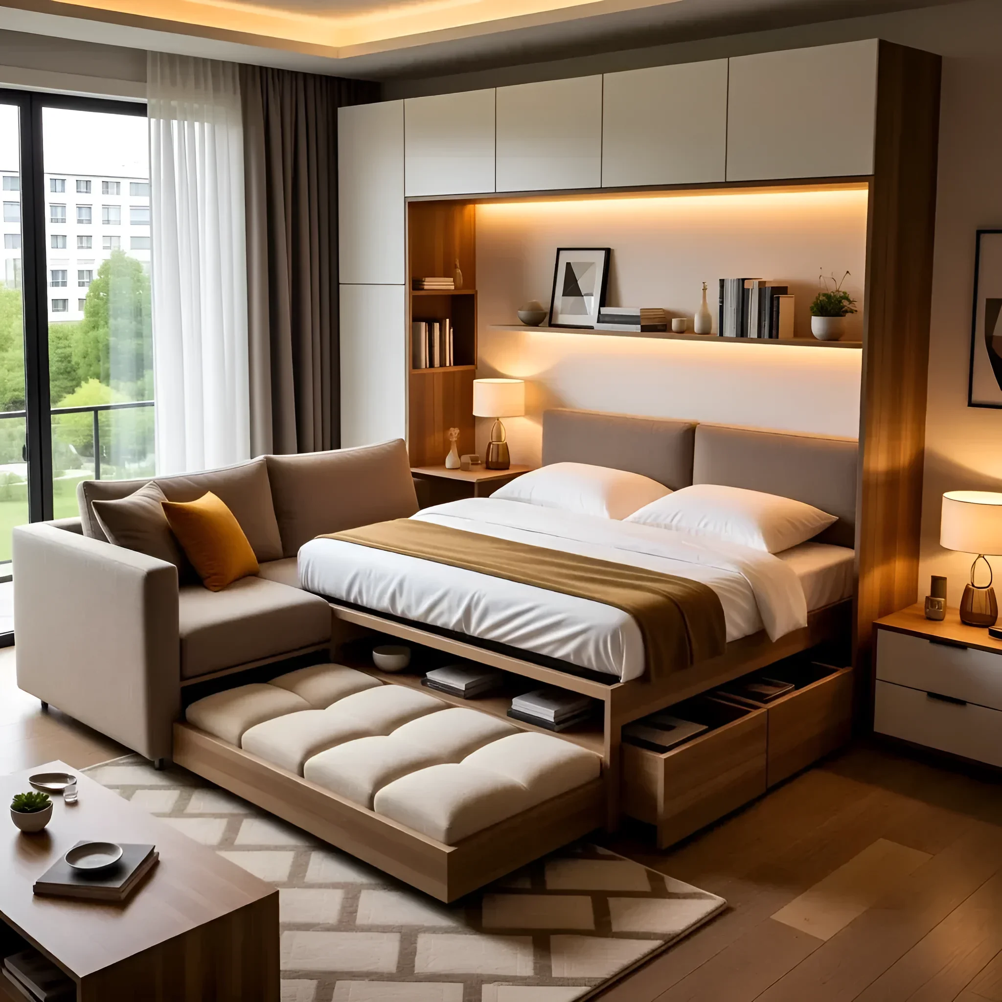 Modulares Schlafsofa mit ausziehbarem Bett und integrierten Aufbewahrungssystemen in einem hellen Interieur