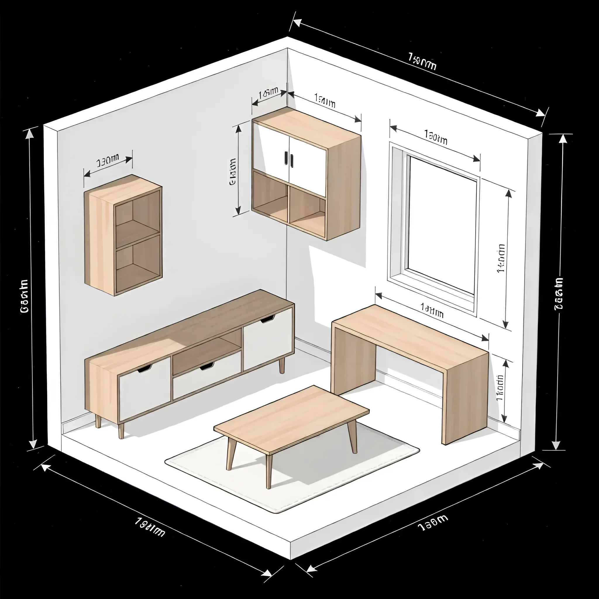 Schema der Aufstellung kompakter modularer Möbel in einem kleinen Wohnzimmer mit Angabe genauer Maße