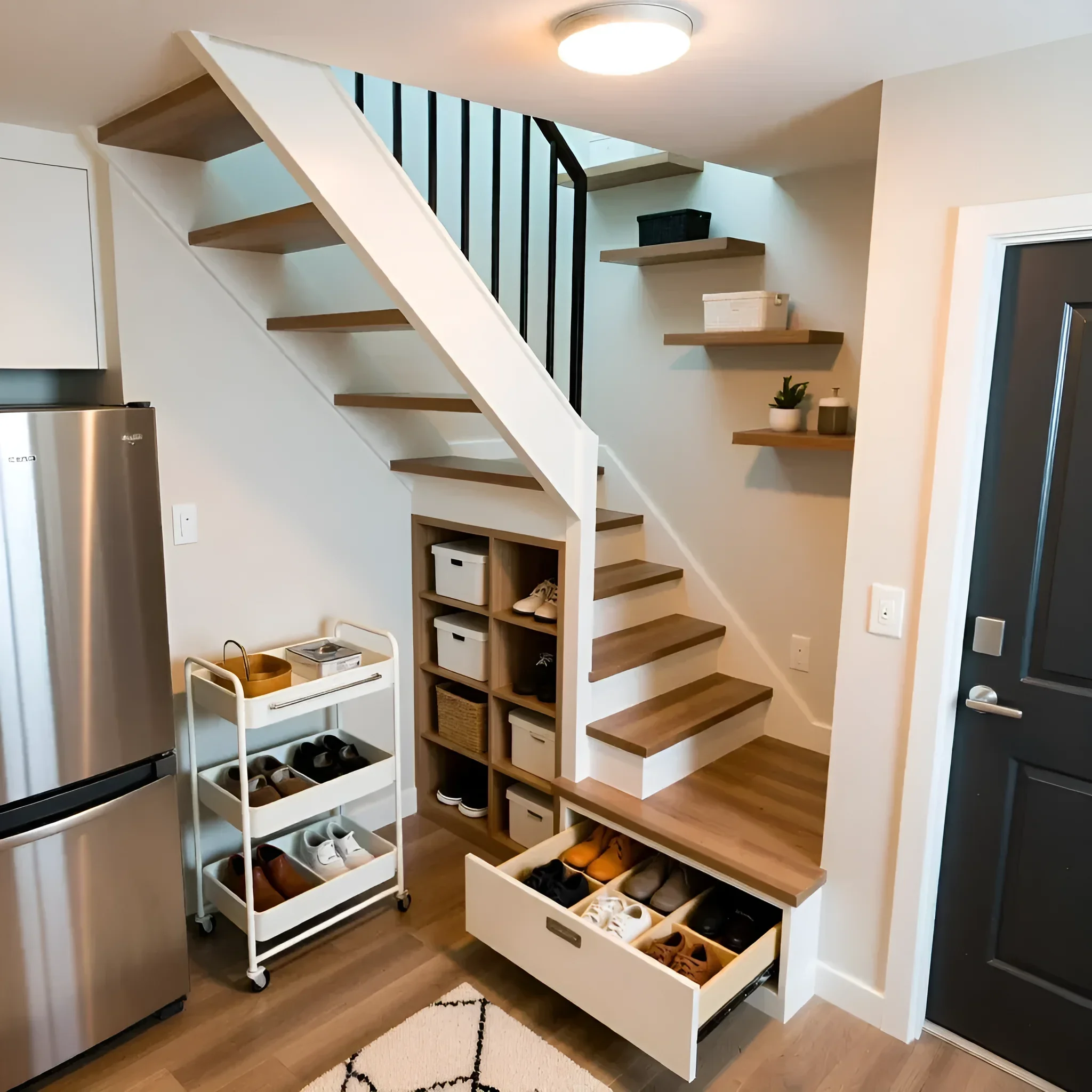 Maximal funktionale Schuhschränke und offene Regale, integriert in den Raum unter einer Treppe im skandinavischen Stil