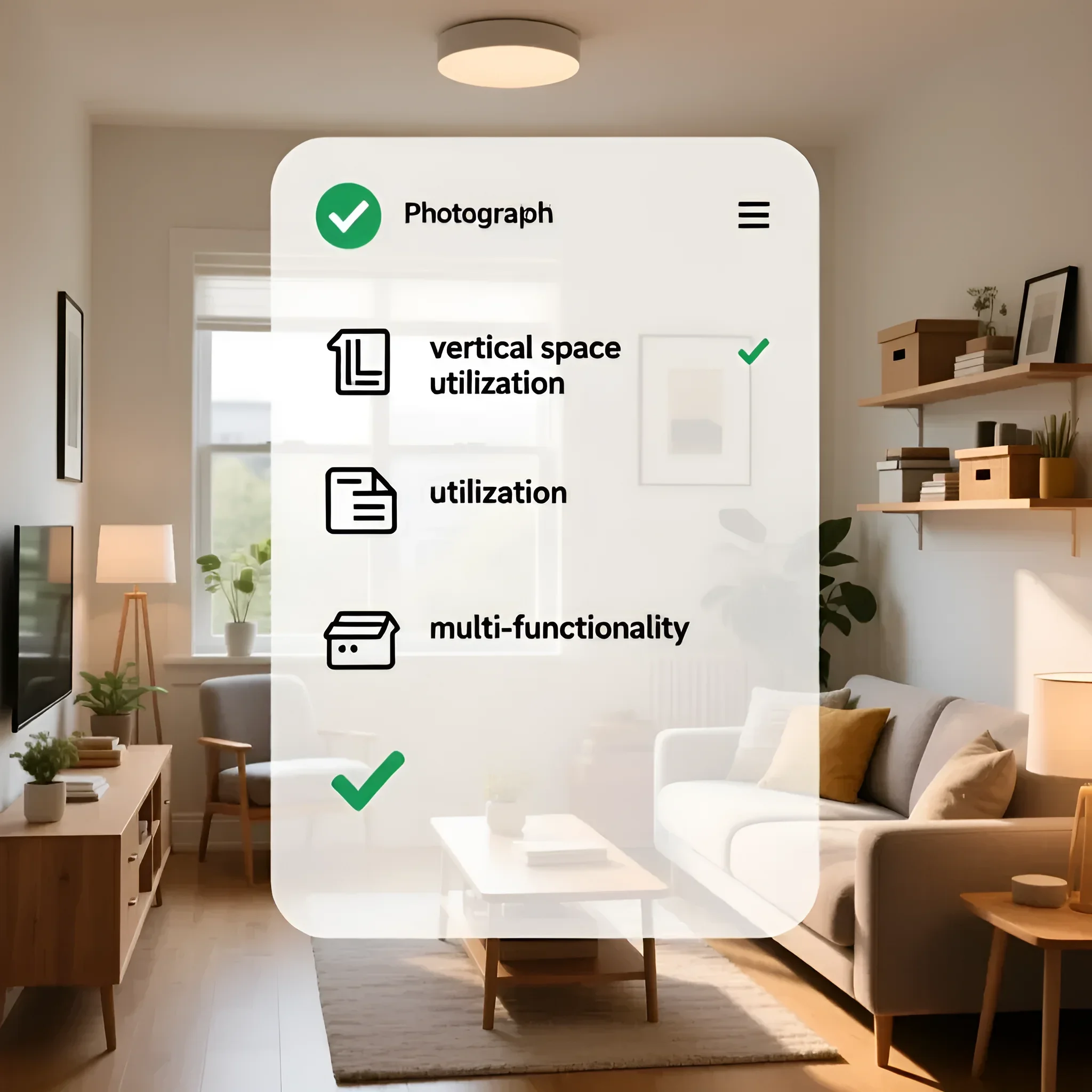 Helles Wohnzimmer mit niedrigem TV-Möbel und offenen Regalen, das die Prinzipien der intelligenten Raumnutzung demonstriert.