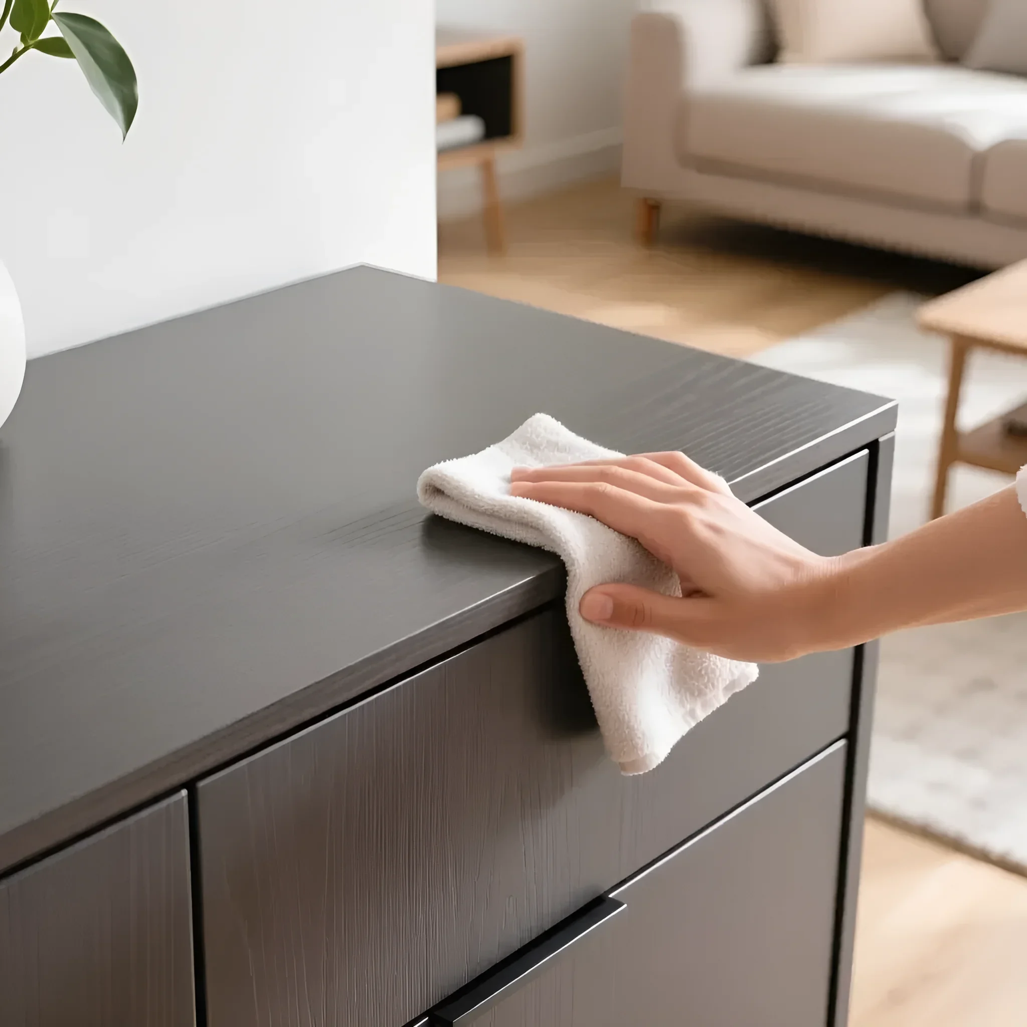 Sorgfältiges Abwischen einer dunklen Kommode aus laminierter Spanplatte mit einem weichen Tuch, um Staub zu entfernen