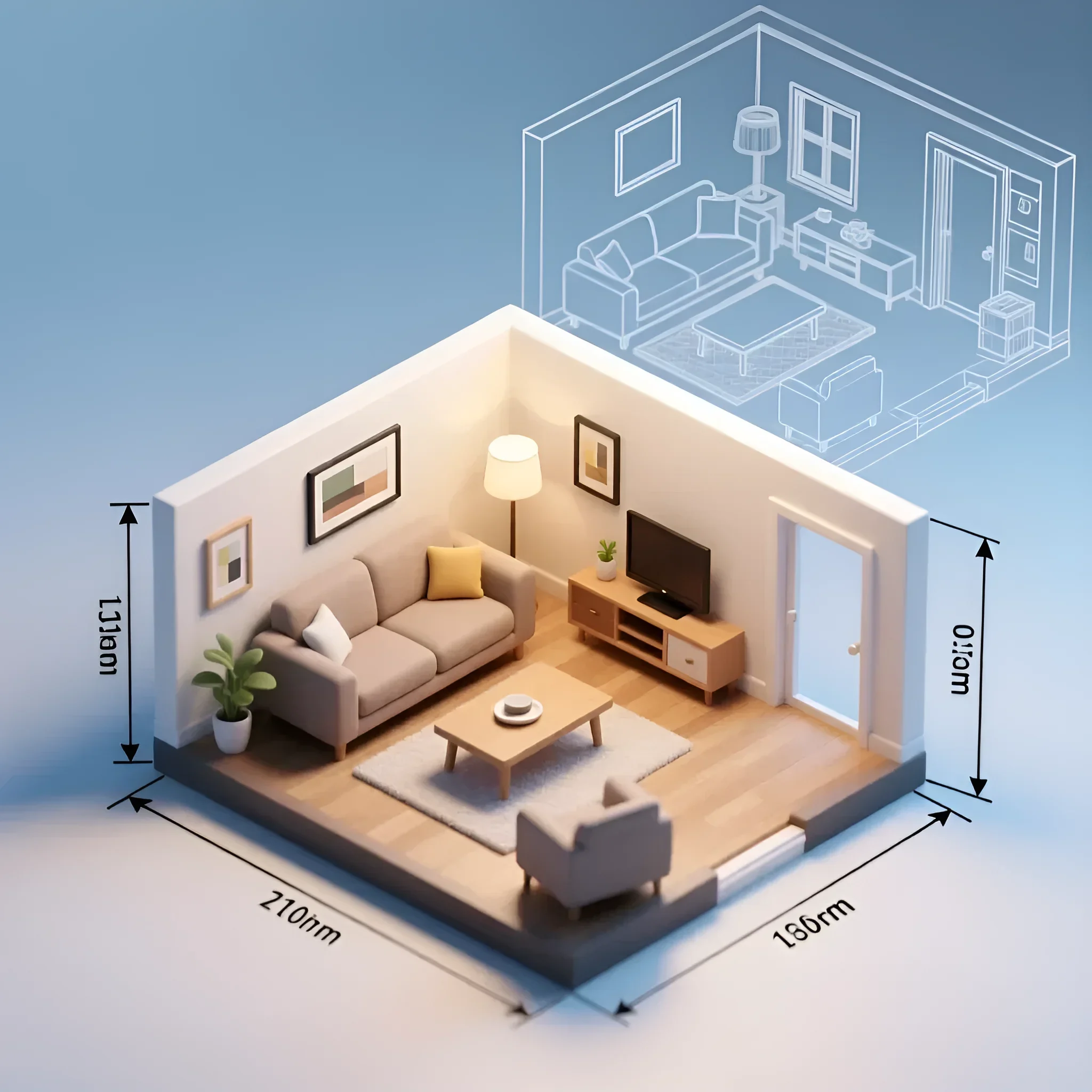 Мініатюрний план-схема вітальні з розмірами 210х180 см, що ілюструє розміщення кутового дивана