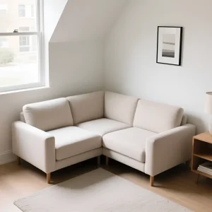 Светло-бежевый модульный угловой диван в скандинавском стиле, расположенный в светлой комнате с мансардным окном.