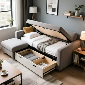 Серый модульный угловой диван-кровать с выдвижным ящиком для белья и раскрытым спальным местом в современном интерьере