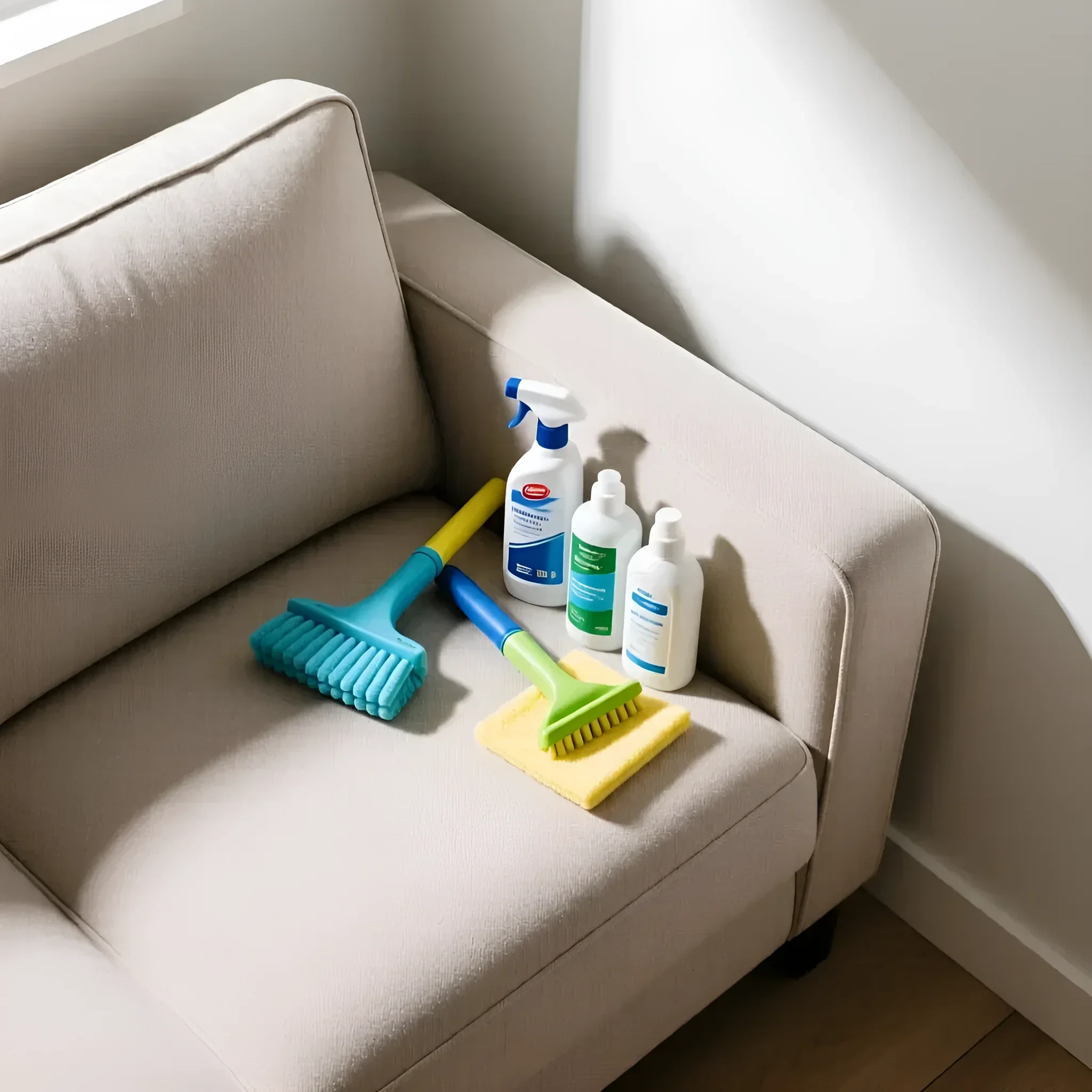 Набір для чищення бежевої тканинної оббивки кутового дивана: пляшки з чистячими засобами та щітки