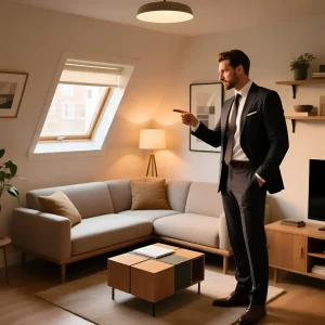 Светлый угловой диван с деревянным основанием в интерьере с мансардным окном