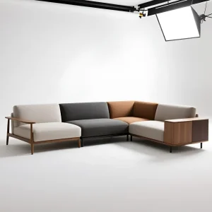 Секционный диван в скандинавском стиле с разноцветными секциями и деревянными элементами