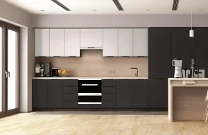 Угловая кухня "Хай-тек" 4 х 2,2м Смоки с фасадами белого и темно-серого цвета, встроенной техникой и барной стойкой.