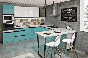 Современная П-образная кухня "Sigma ручка" 3х2,6м в бело-бирюзовом цвете с барной стойкой и стульями.