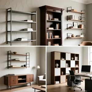 Коллаж из четырех интерьеров с различными типами стеллажей: индустриальный металлический, классический темный шкаф, минималистичные настенные полки и модульная система для офиса