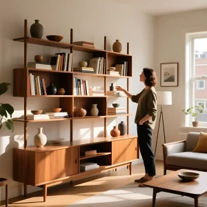 Модульная настенная система хранения в стиле мид-сенчури с открытыми полками и тумбой