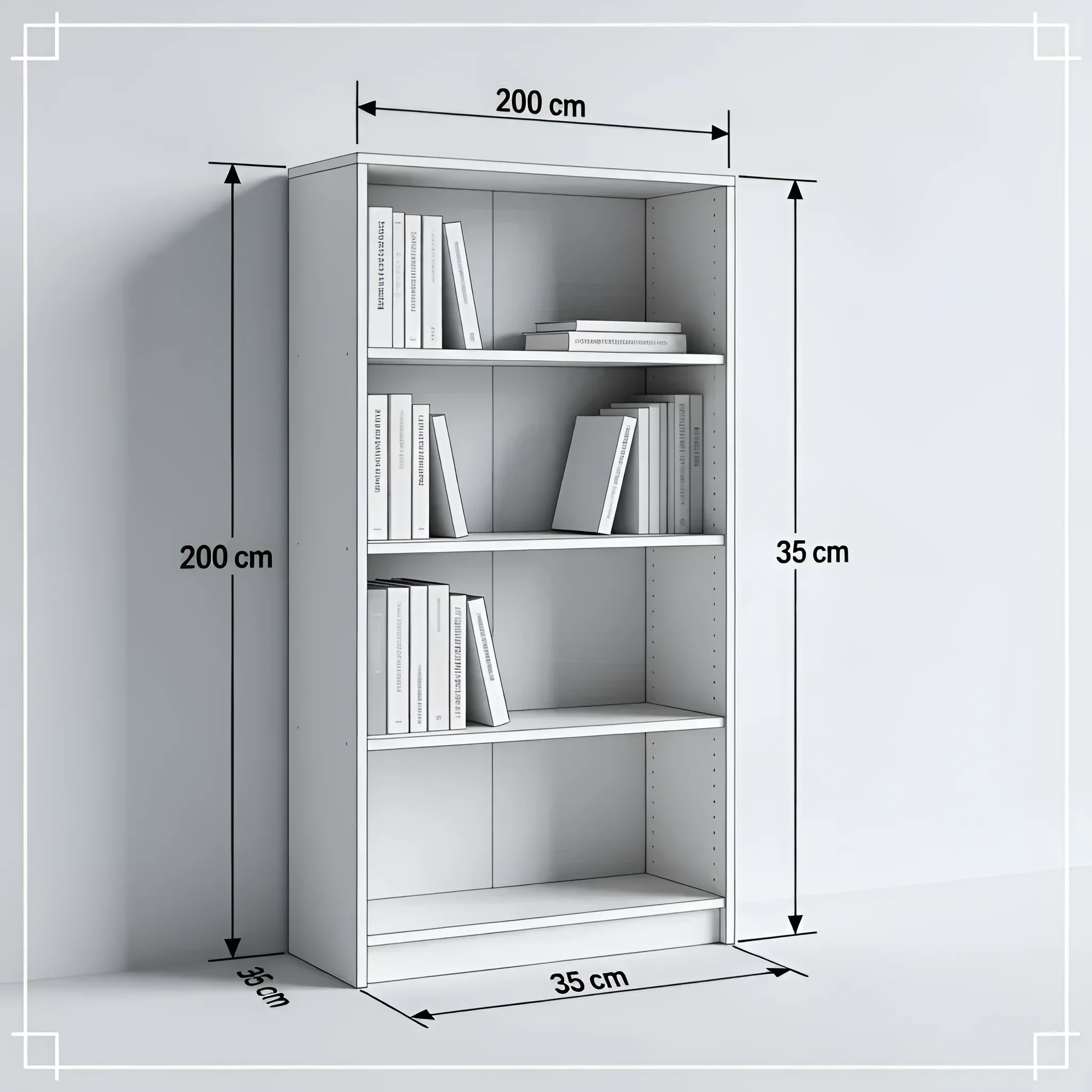 Weißes hohes Bücherregal mit verstellbaren Regalböden, Maße 200 cm Höhe, 200 cm Breite und 35 cm Tiefe