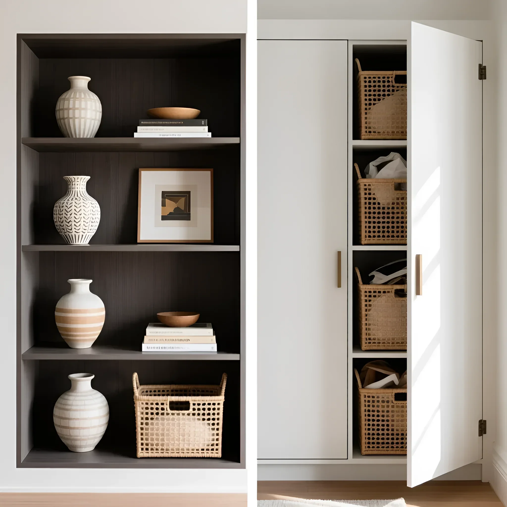 Innenraumlösung mit kombiniertem Regal: offene Regalböden für Dekoration und geschlossener Schrank mit geflochtenen Körben
