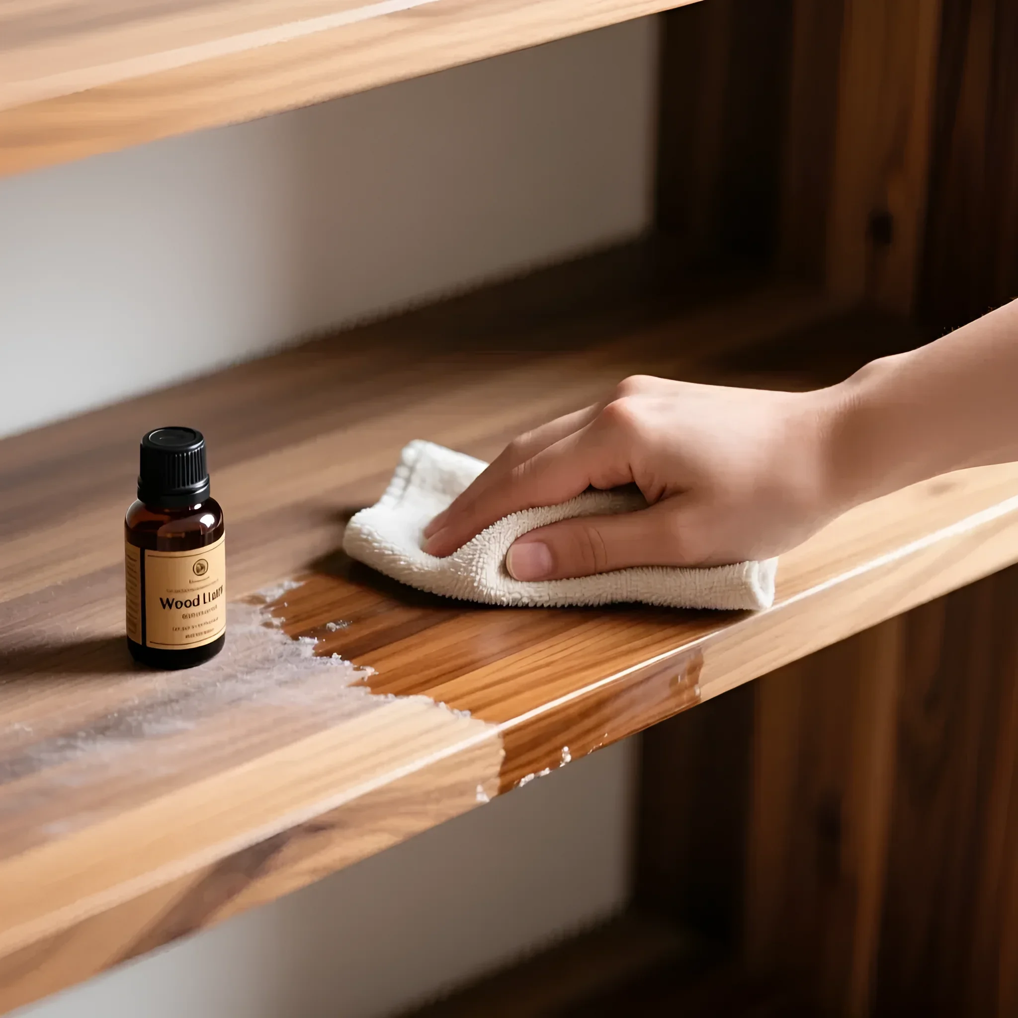 Nahaufnahme: Auftragen von Schutzöl mit einem weichen Tuch auf einen Holzregalboden, was die Sättigung der Holztextur hervorhebt.