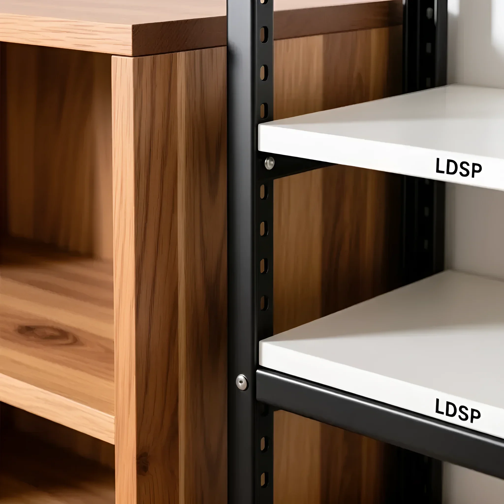 Nahaufnahme der Verbindung eines Holzregals und eines Metallrahmens mit Regalböden aus weißem Spanplattenwerkstoff