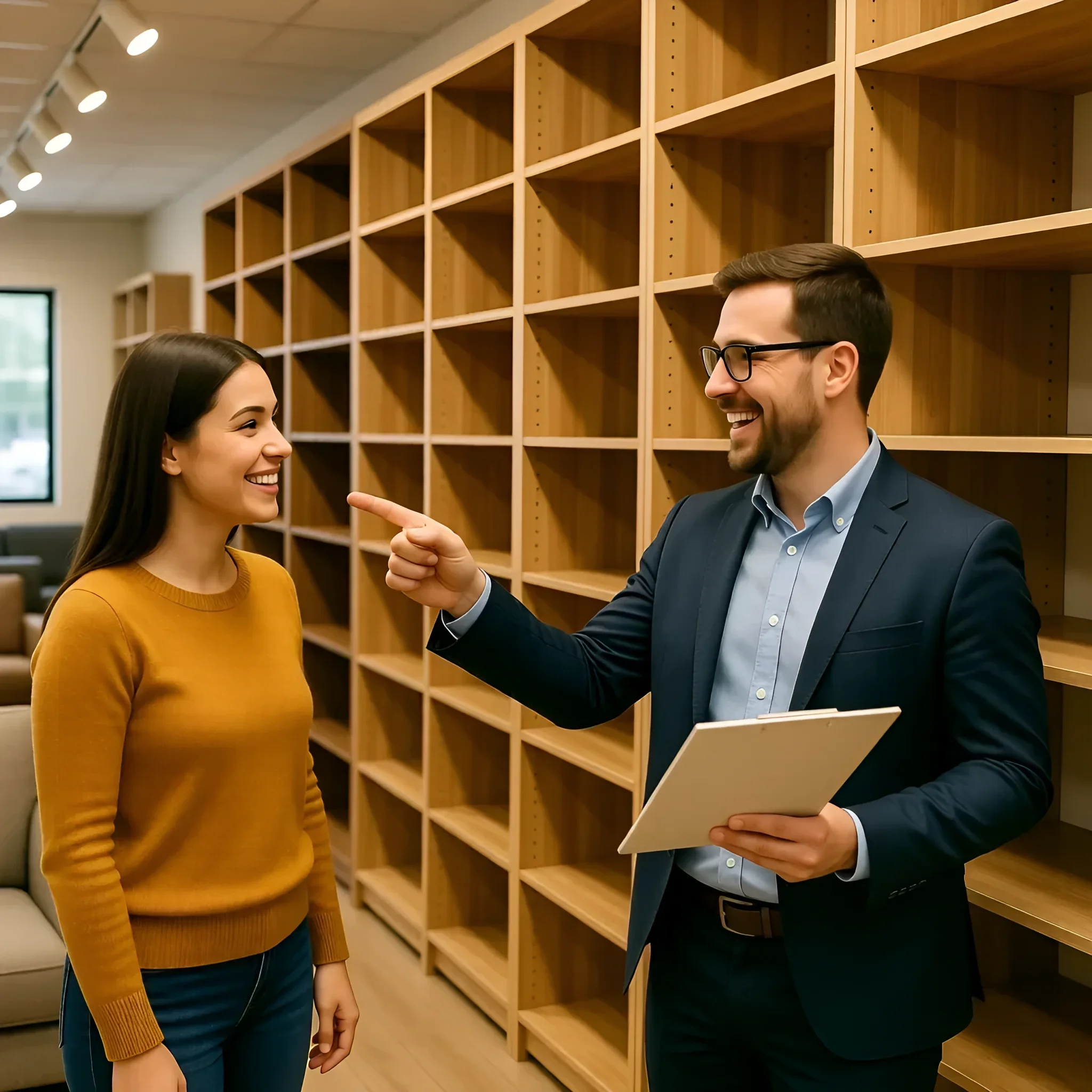 Ein Berater zeigt einer Kundin die Möglichkeiten eines modularen Holzregals in einem Möbelgeschäft
