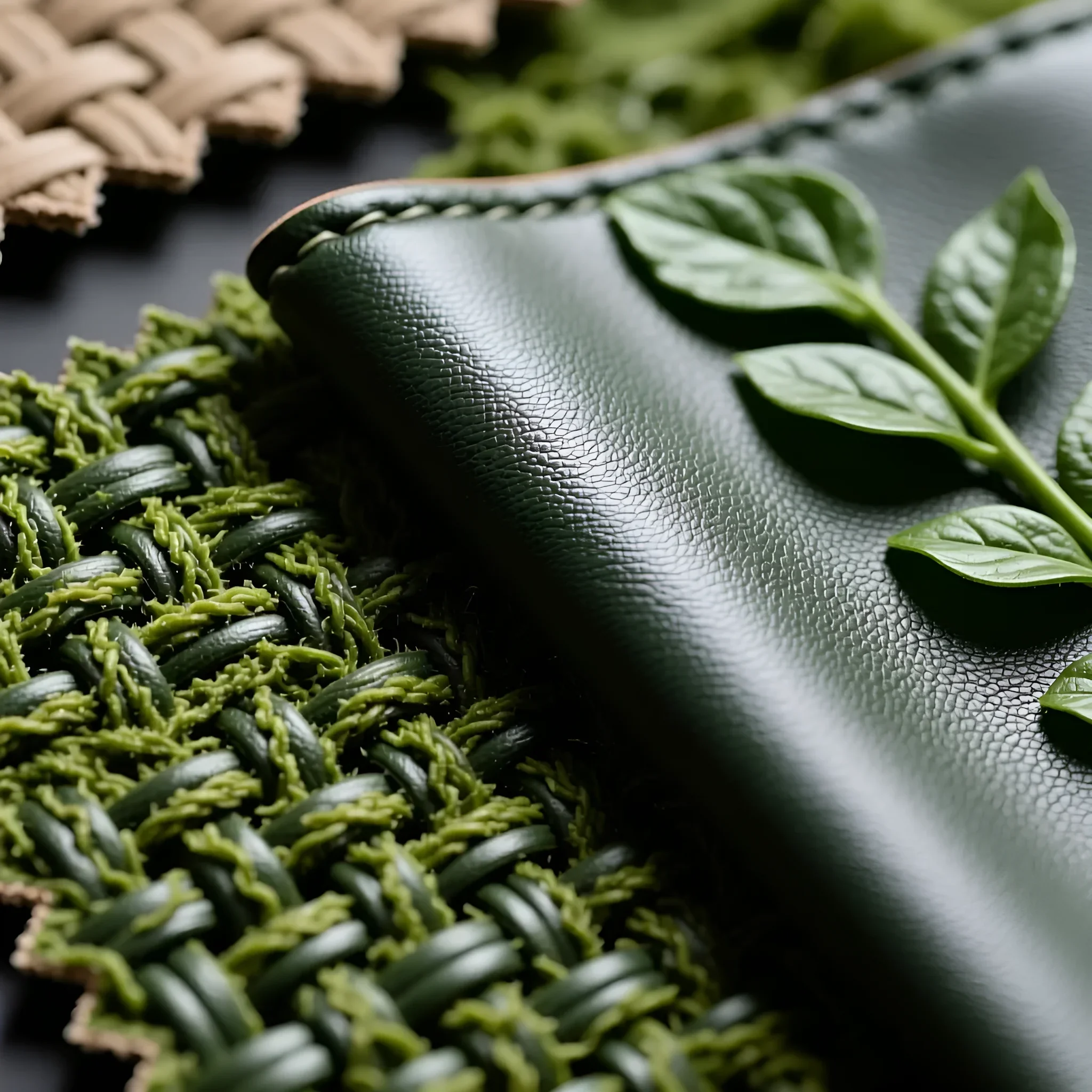 Nahaufnahme von Polsterstoffmustern: dunkelgrünes Leder mit Prägung und voluminöser Webstoff in Moosfarbe, die ökologische Trends im Möbeldesign symbolisieren.