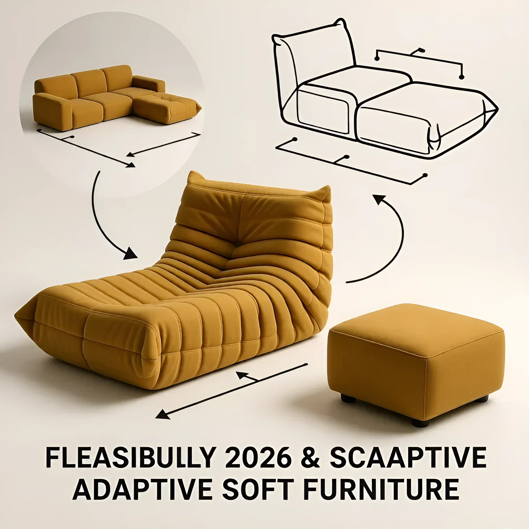 Gelbes modulares Sofa mit geschwungenen Linien und Hocker, das eine einfache Neukonfiguration von Elementen zeigt.