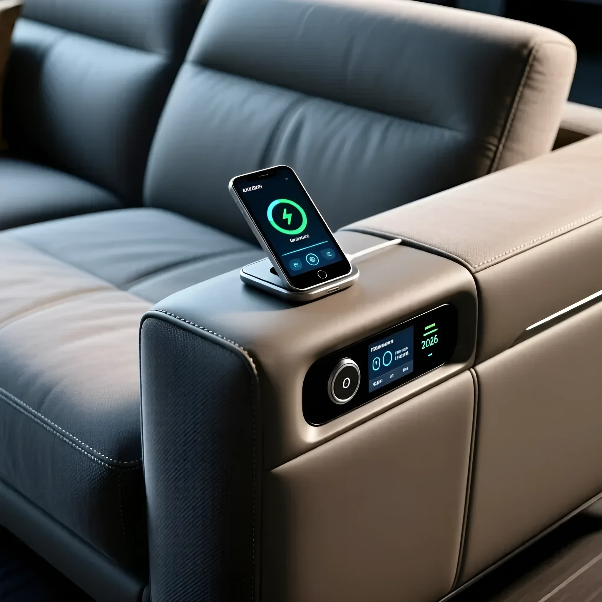 Futuristisches Ledersofa mit integrierter kabelloser Ladestation für Smartphones und Touchscreen-Bedienfeld an der Armlehne.