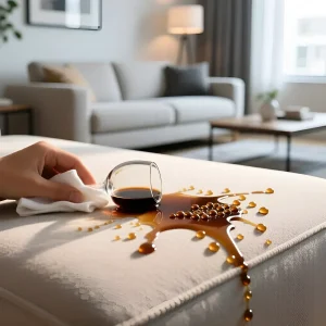 Демонстрация водоотталкивающих свойств обивки дивана: жидкость скапливается на поверхности при ударе