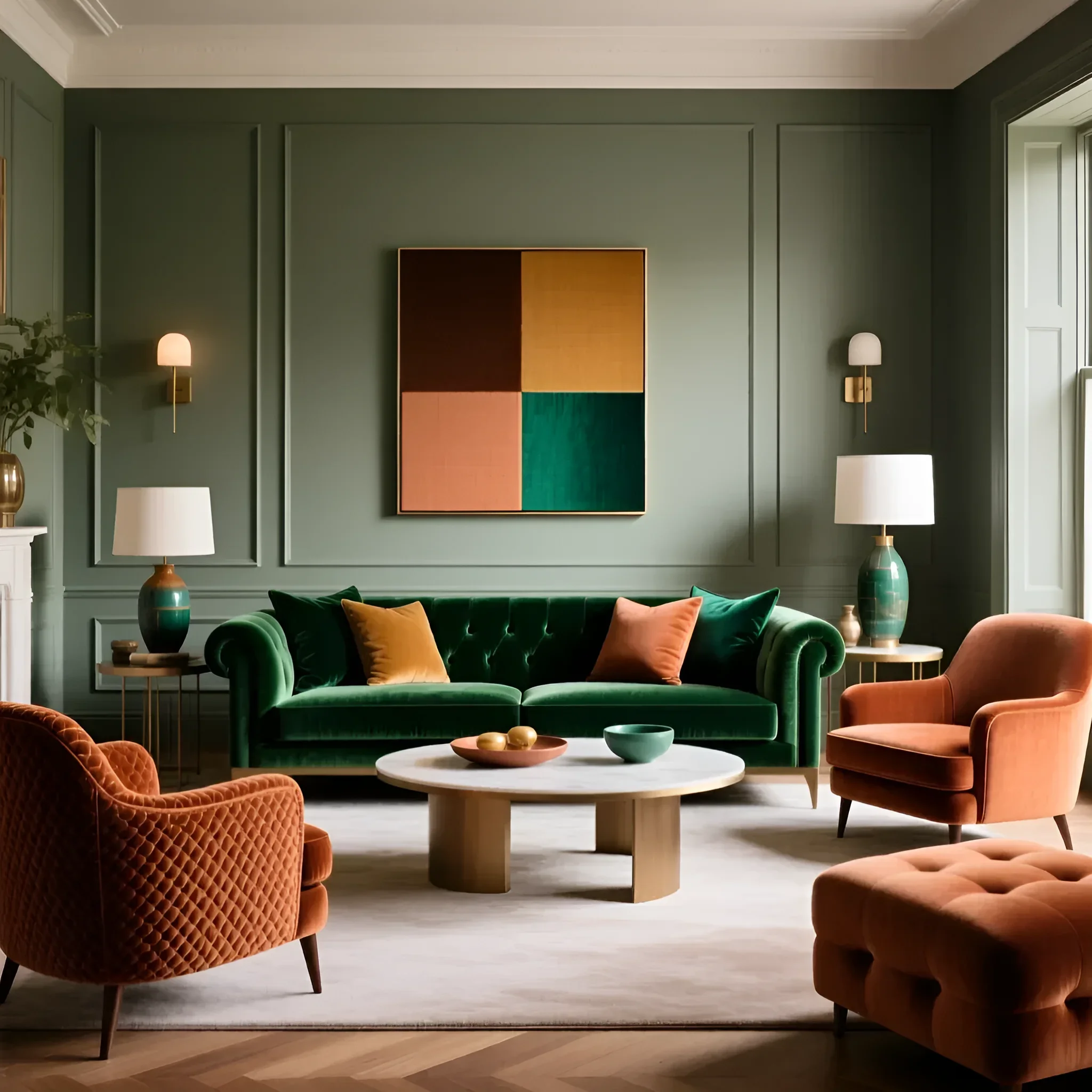 Tiefgrünes Smaragd-Sofa mit Chesterfield-Steppung und Sessel mit Rautensteppung in gebrannter Umbra vor olivfarbenen Wänden