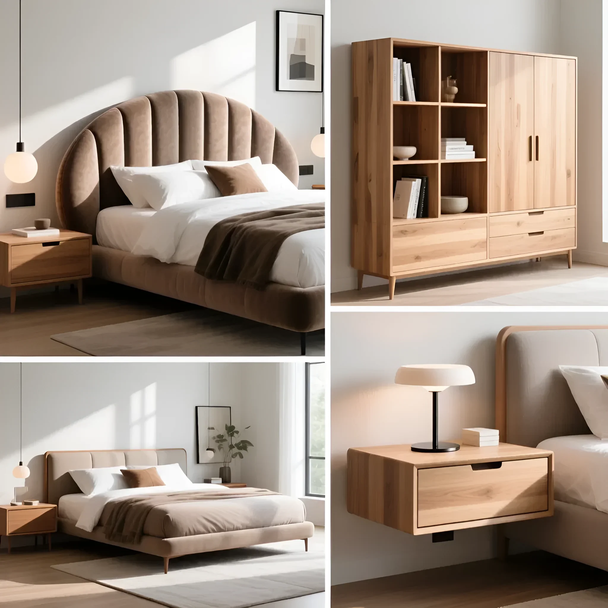 Collage: Samtiges Bett mit abgerundetem Kopfteil, modulare Eichenschrankwand und Nachttische im skandinavischen Minimalismus.