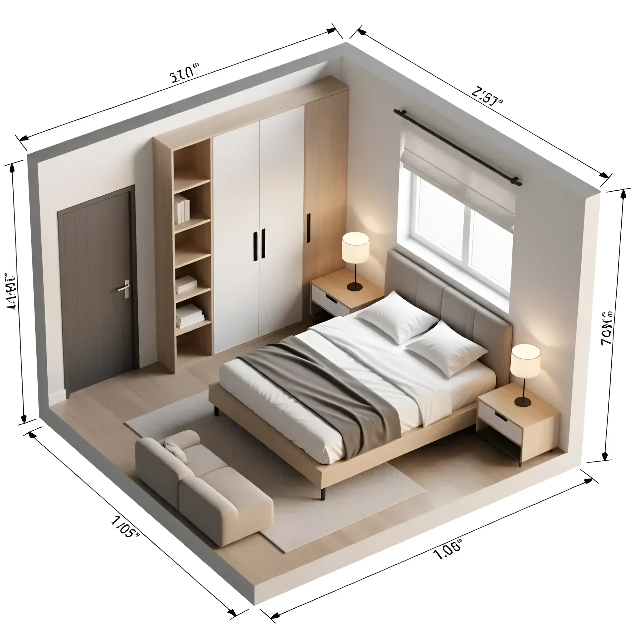 Kompakter skandinavischer Schlafzimmer-Innenraum mit Bett, angebautem Kleiderschrank und Nachttischen, der ergonomische Zonierung zeigt.