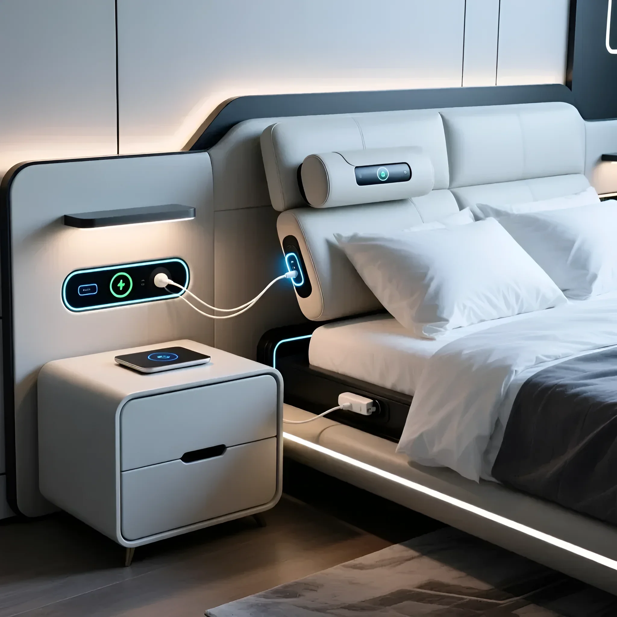 Bett mit modularem Kopfteil, integrierten USB-Anschlüssen, kabellosem Laden und LED-Beleuchtung für maximalen technologischen Komfort.