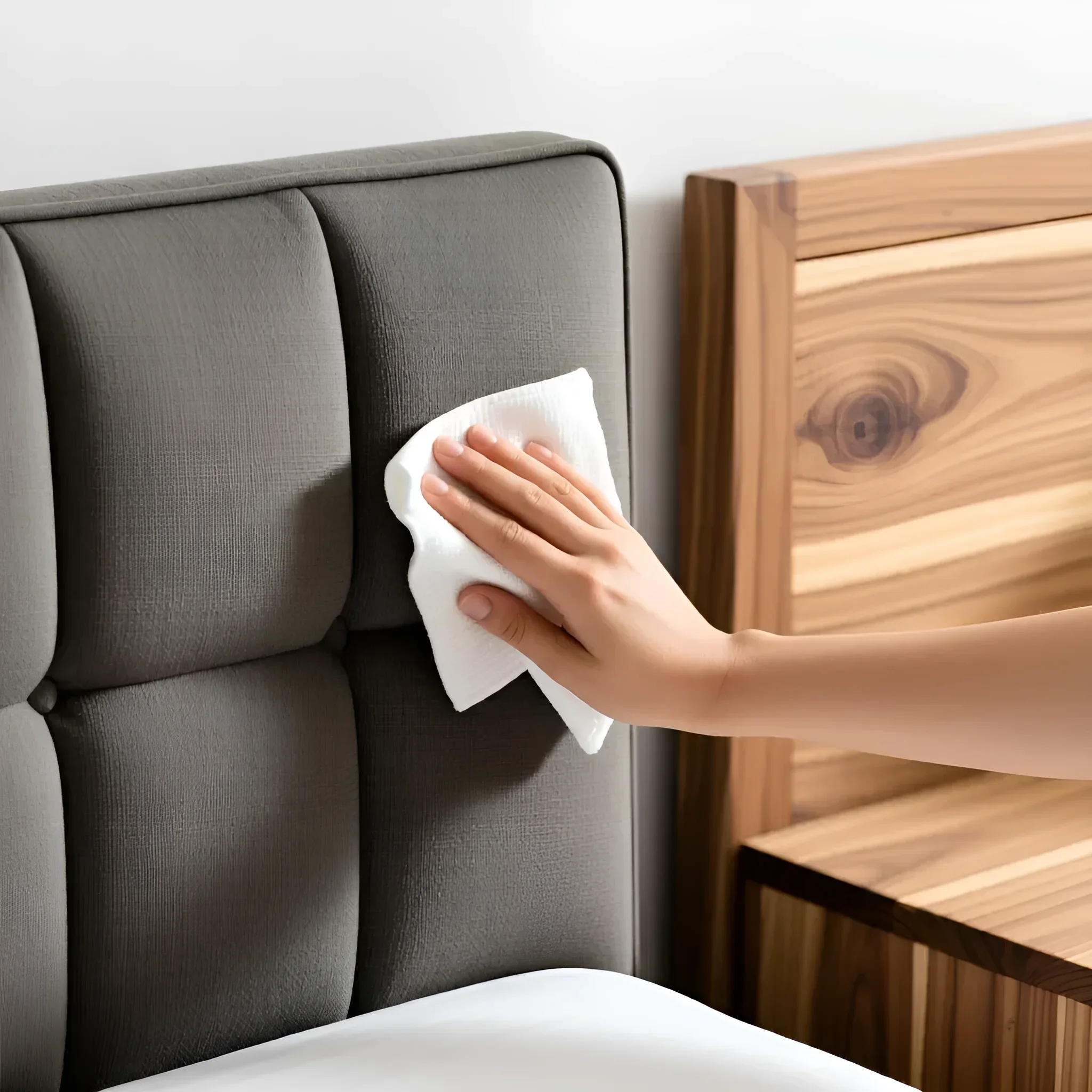 Schonende Reinigung eines grauen Steppkopfteils mit einem weißen Tuch neben einem Nachttisch aus Massivholz