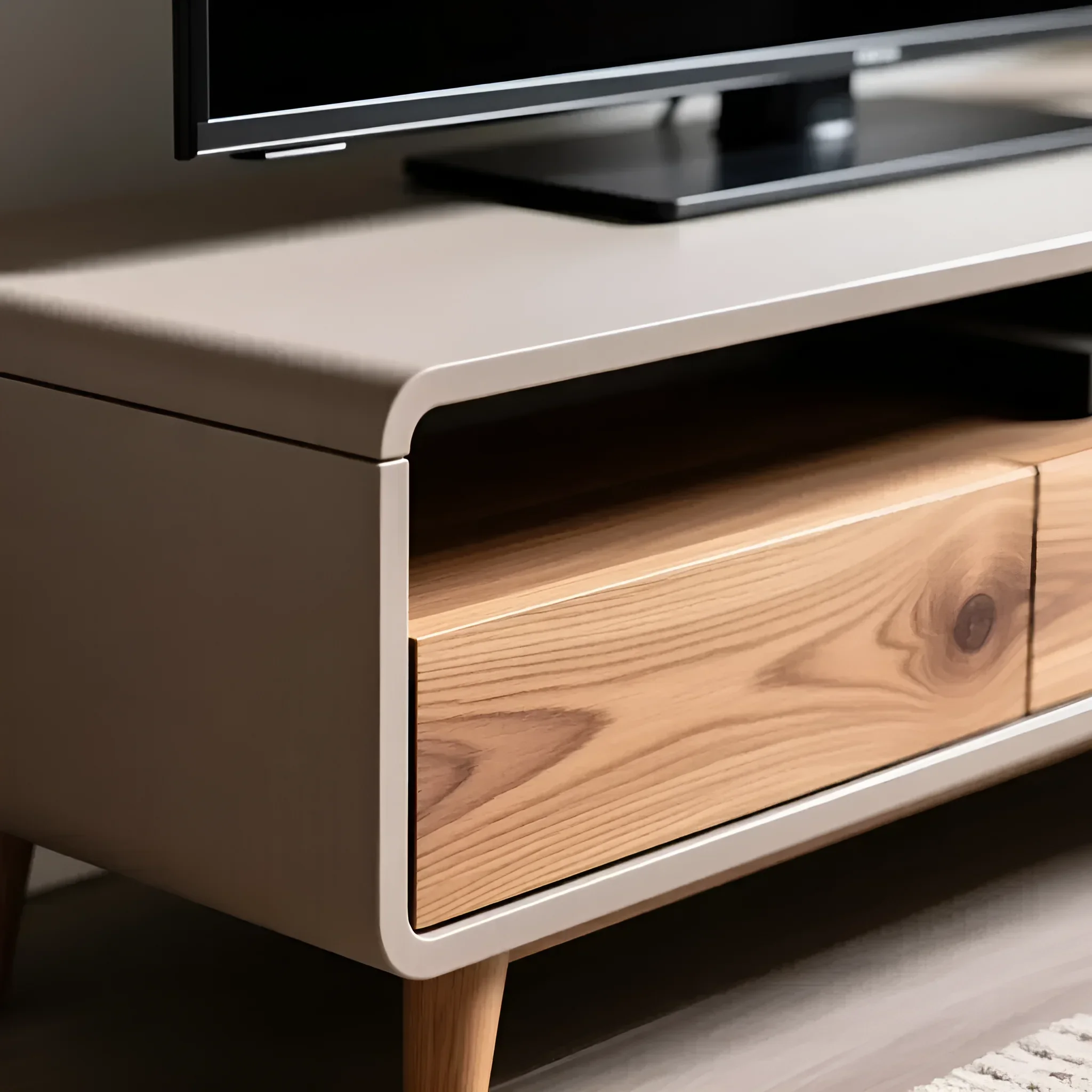 Nahaufnahme eines modernen Mediacenters mit beigem mattem Korpus und einer Schublade aus hellem Holz