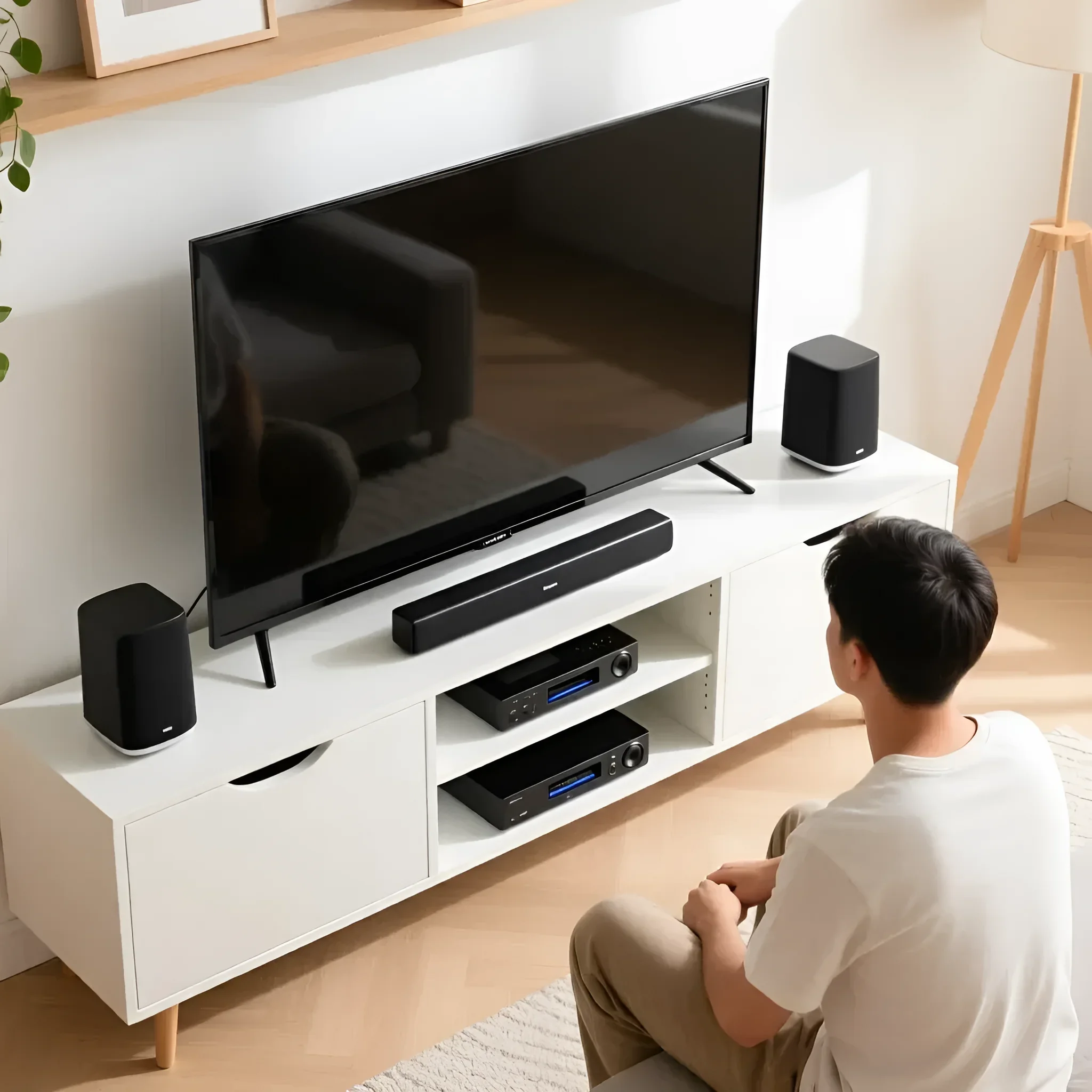 Niedriger weißer Unterschrank mit Füßen für ein modernes TV-Center mit Gerätefächern und Schublade