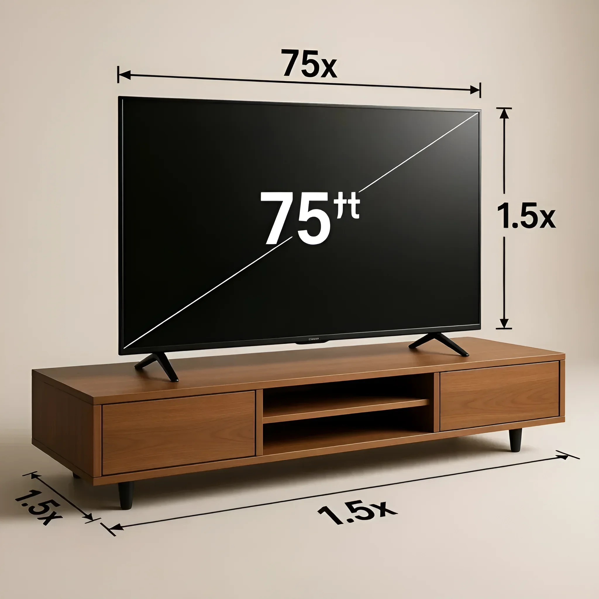 Holz-TV-Unterschrank für 75-Zoll-Fernseher mit minimalistischem Design und Mid-Century-Füßen
