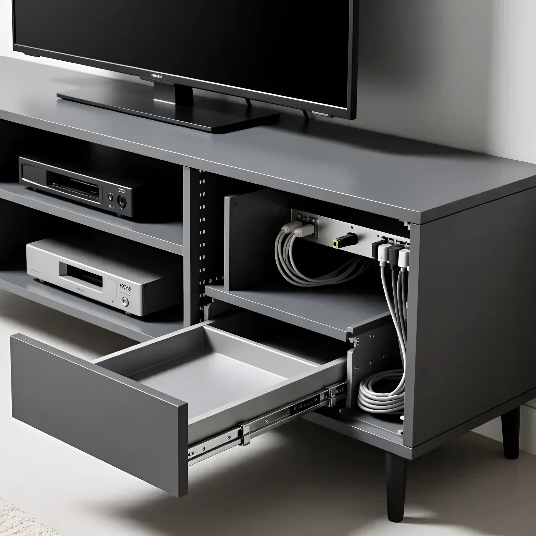 Nahaufnahme eines grauen TV-Unterschranks mit offener Schublade und Zugang zur Rückwand für Kabel